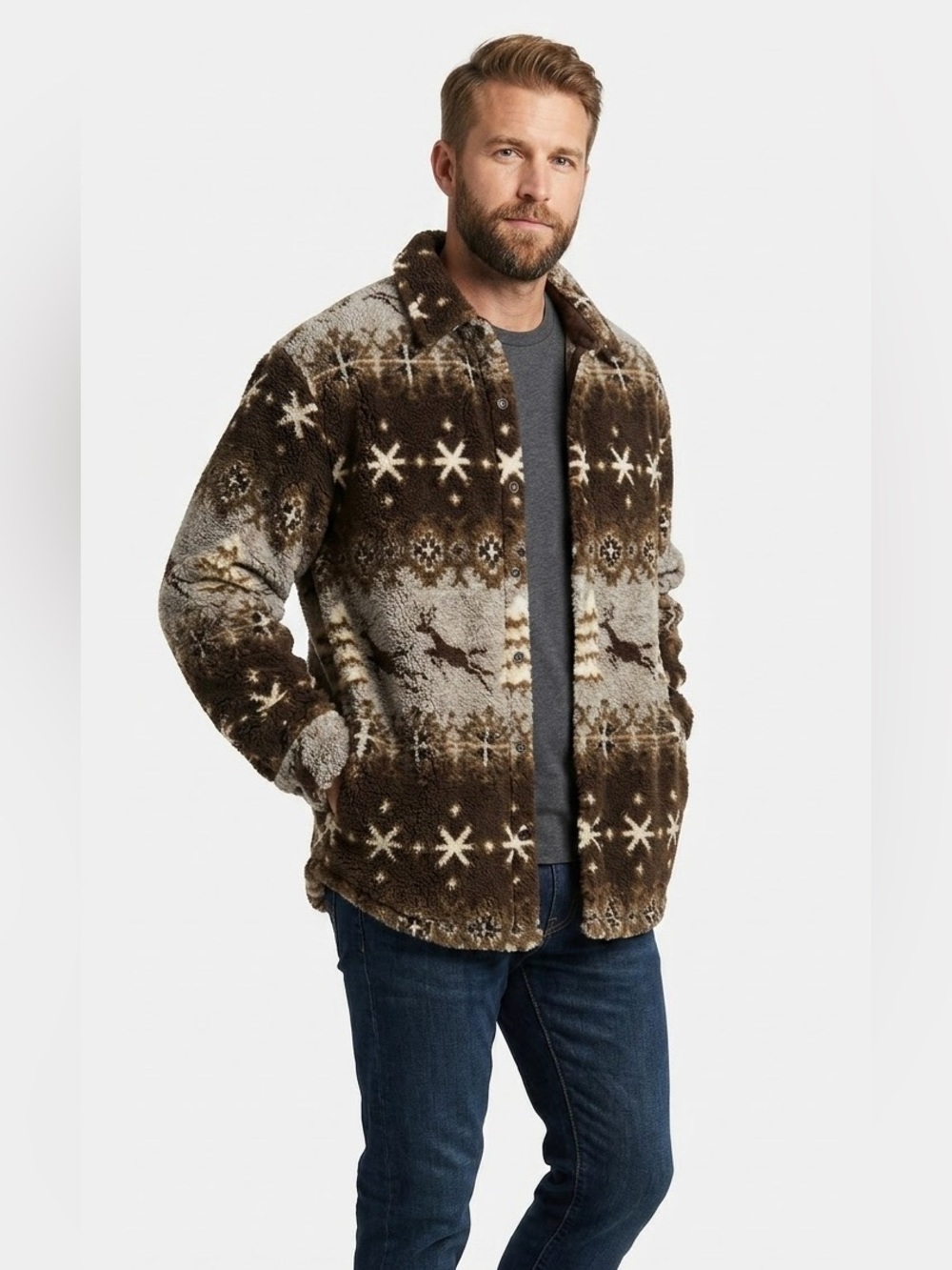 Boho Cottagecore Nordic Fleece Jacket Reindeer Fair Isle Cabincore Goblincore